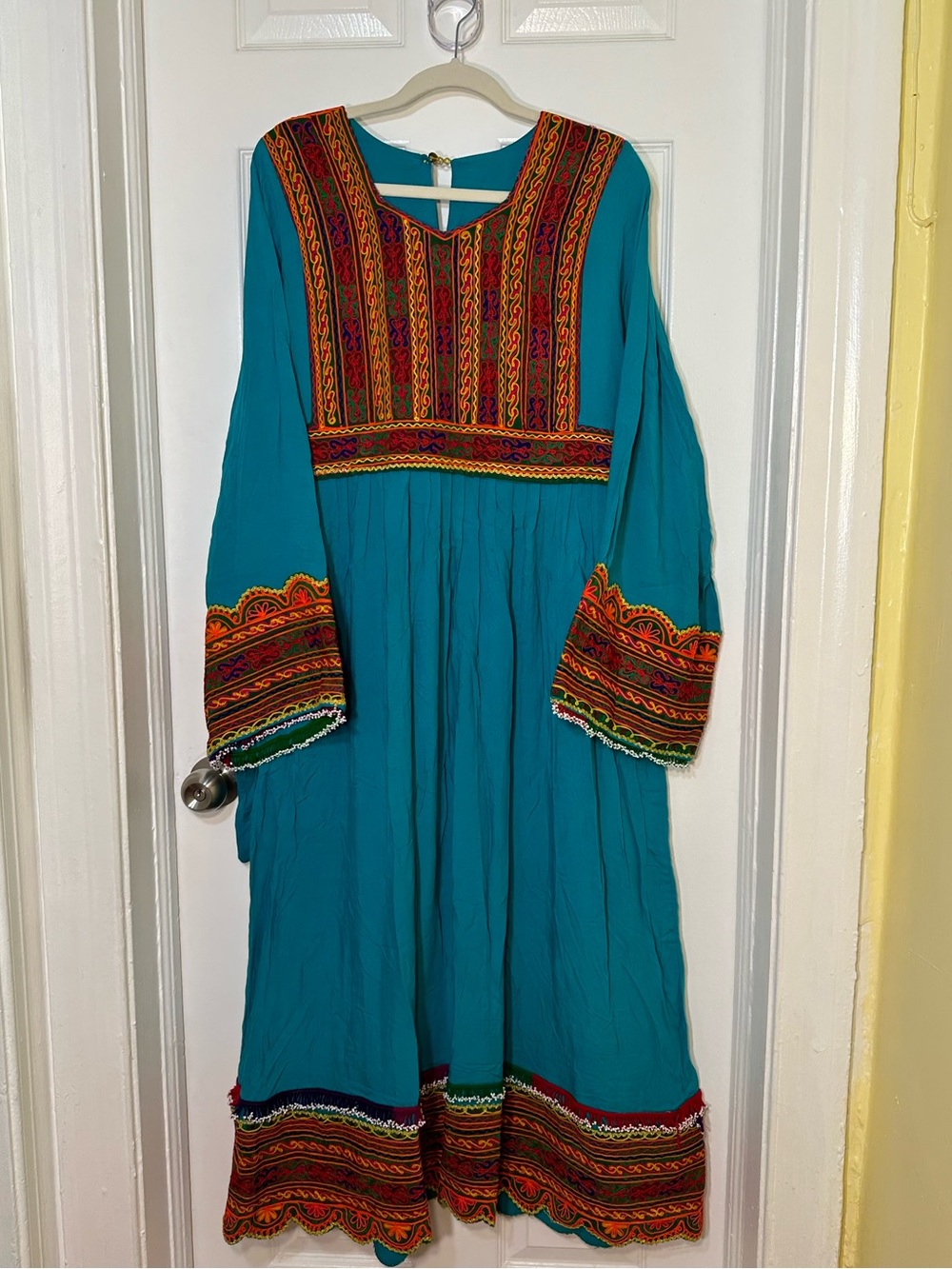 Afghan Teal 3-Piece Dress Set | Traditional Embroidered Dress, Pants & Scarf